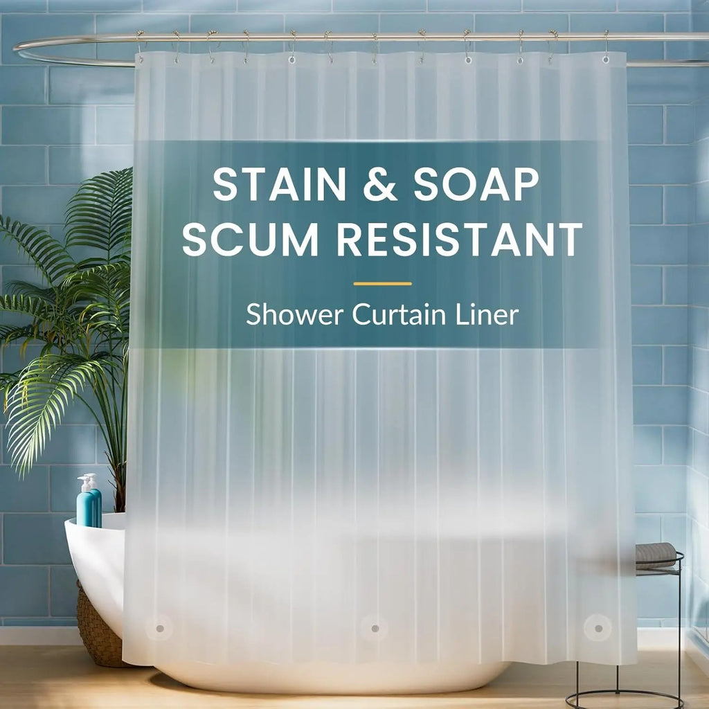 Stain & Scum Resistant Clear Shower Curtain PEVA Transparent Shower Curtain Liner Waterproof with Hooks