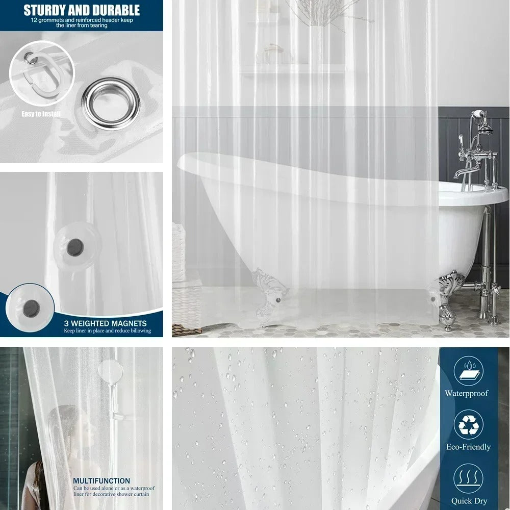 Stain & Scum Resistant Clear Shower Curtain PEVA Transparent Shower Curtain Liner Waterproof with Hooks